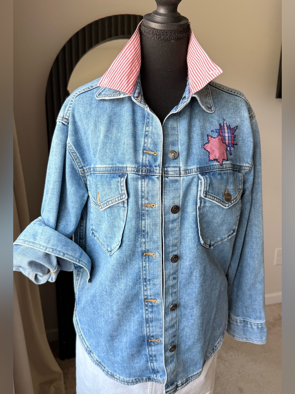 One-of-a-kind reworked Aerie light-wash denim shacket in women’s size Small.